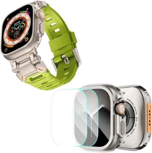 KADES Metal Case with Back Cover & Rugged FKM Sport Band for Apple Watch Ultra 2 49mm, Durable Metal Connector, Titanium/Yellow Green & Titanium