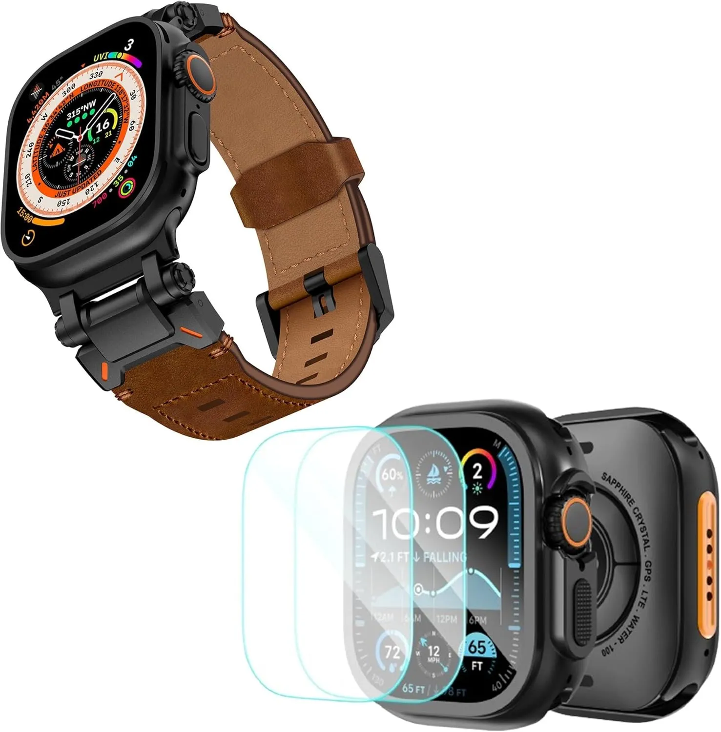 KADES Metal Case with Back Cover & Top Grain Genuine Leather Band for Apple Watch Ultra 2 49mm, Durable Metal Connector, Black/Brown & Black