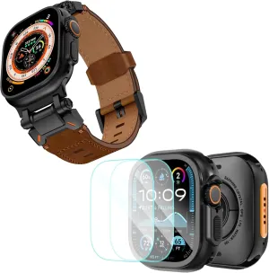 KADES Metal Case with Back Cover & Top Grain Genuine Leather Band for Apple Watch Ultra 2 49mm, Durable Metal Connector, Black/Brown & Black