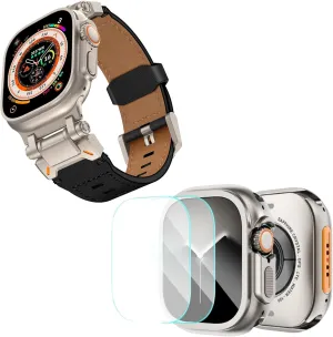 KADES Metal Case with Back Cover & Top Grain Genuine Leather Band for Apple Watch Ultra 2 49mm, Durable Metal Connector, Titanium/Black & Titanium