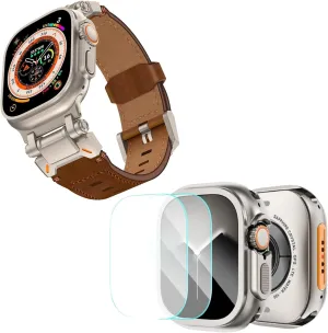 KADES Metal Case with Back Cover & Top Grain Genuine Leather Band for Apple Watch Ultra 2 49mm, Durable Metal Connector, Titanium/Brown & Titanium