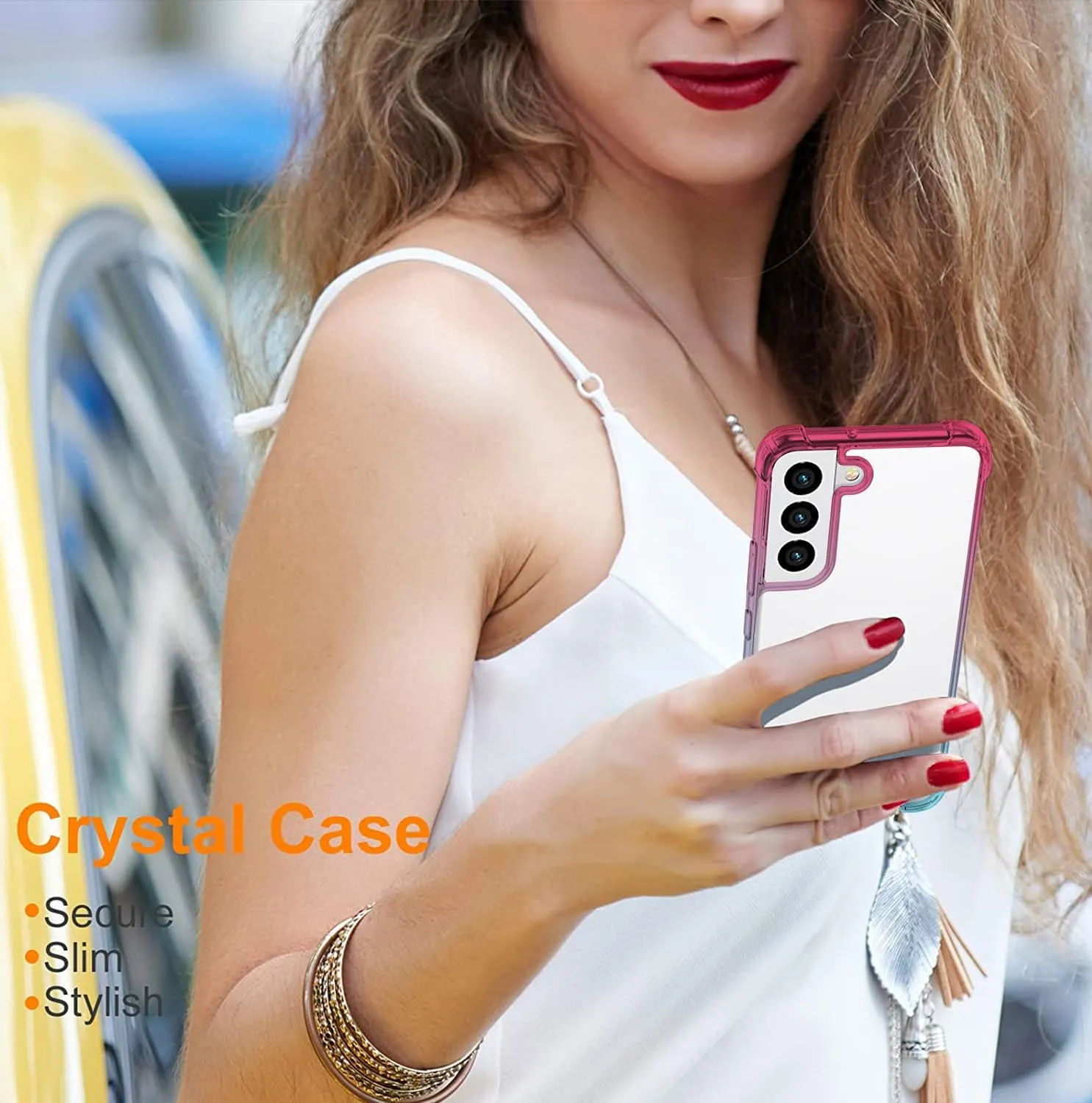 KIOMY Clear Case for Samsung Galaxy S21 FE 5G Shockproof Bumper Protective Cell Phone Back Cover, Hybrid Design Hard PC Back with Flexible TPU Frame Pink Blue Gradients Color