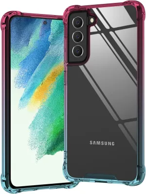 KIOMY Clear Case for Samsung Galaxy S21 FE 5G Shockproof Bumper Protective Cell Phone Back Cover, Hybrid Design Hard PC Back with Flexible TPU Frame Pink Blue Gradients Color