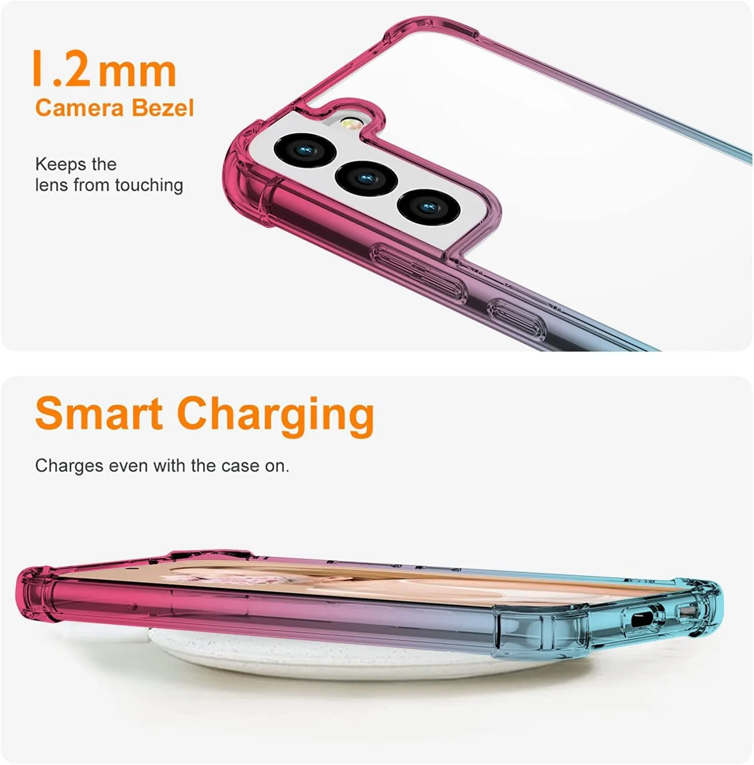 KIOMY Clear Case for Samsung Galaxy S21 FE 5G Shockproof Bumper Protective Cell Phone Back Cover, Hybrid Design Hard PC Back with Flexible TPU Frame Pink Blue Gradients Color