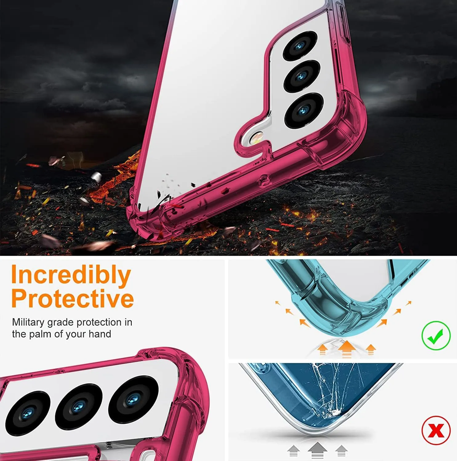 KIOMY Clear Case for Samsung Galaxy S21 FE 5G Shockproof Bumper Protective Cell Phone Back Cover, Hybrid Design Hard PC Back with Flexible TPU Frame Pink Blue Gradients Color