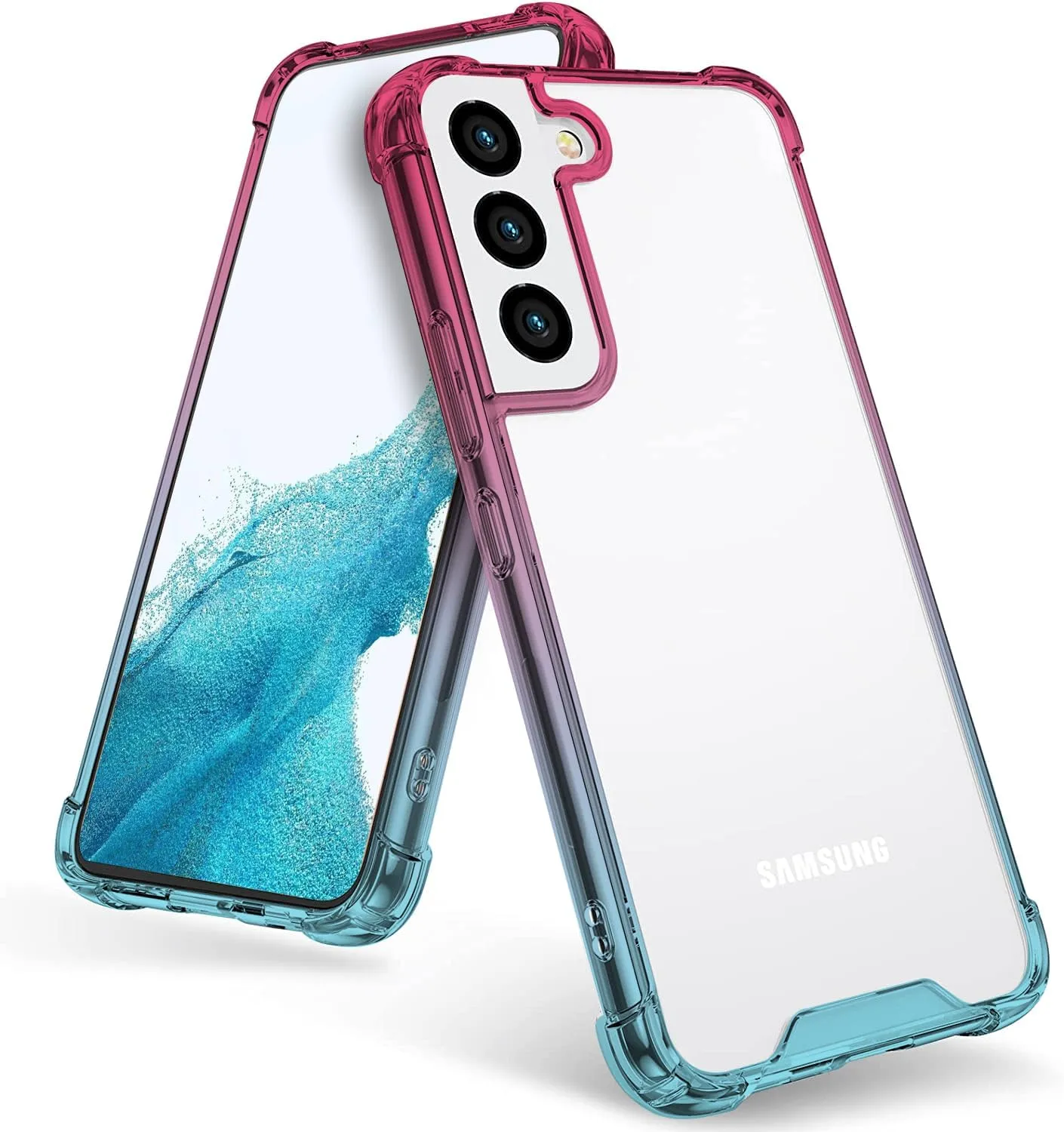 KIOMY Clear Case for Samsung Galaxy S21 FE 5G Shockproof Bumper Protective Cell Phone Back Cover, Hybrid Design Hard PC Back with Flexible TPU Frame Pink Blue Gradients Color