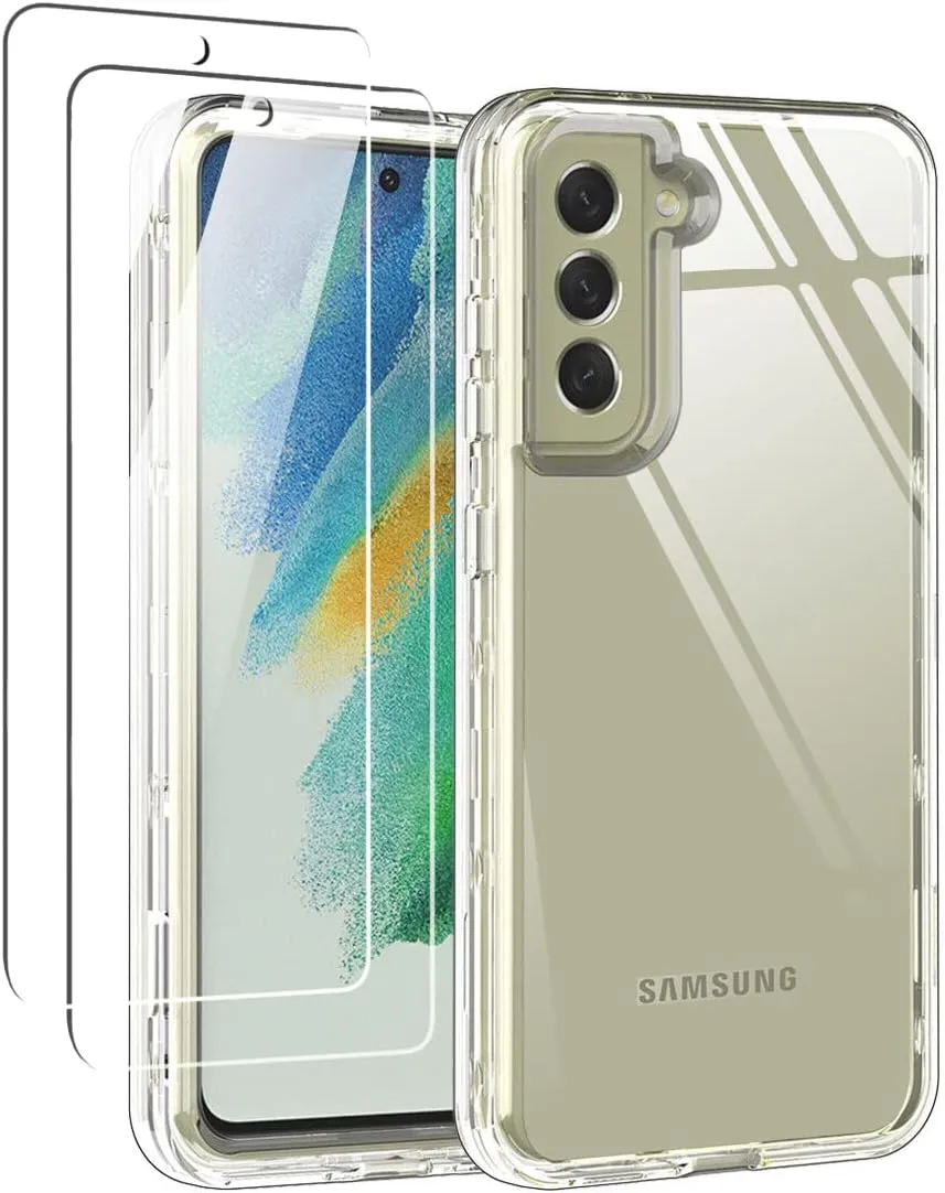 KIOMY Clear Case for Samsung Galaxy S21 FE 5G Shockproof Bumper Protective Full Body Case, Hard Shell   Flexible TPU Bumper, 3 Layers in 1 with 2 Packs Tempered Glass Screen Protectors