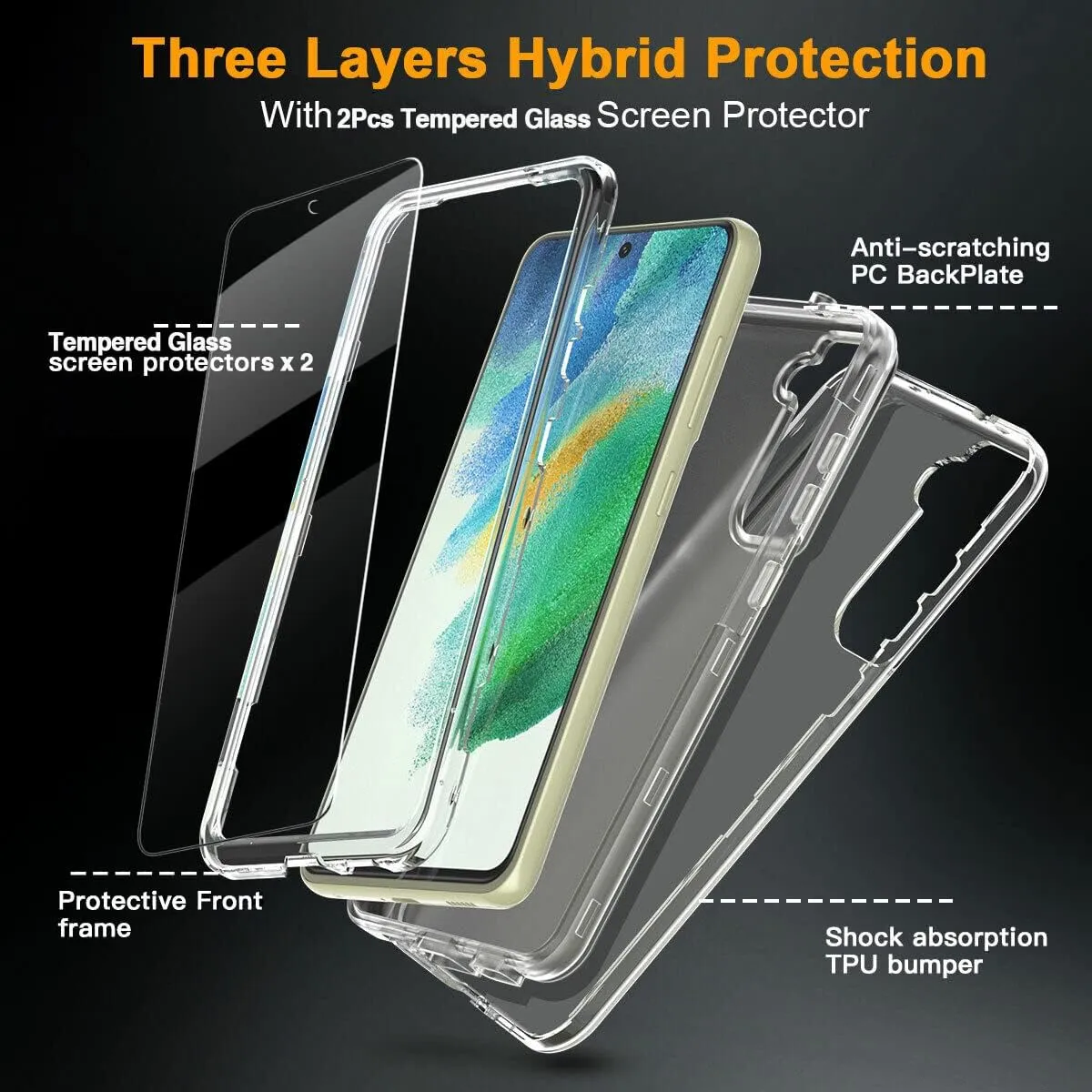 KIOMY Clear Case for Samsung Galaxy S21 FE 5G Shockproof Bumper Protective Full Body Case, Hard Shell   Flexible TPU Bumper, 3 Layers in 1 with 2 Packs Tempered Glass Screen Protectors