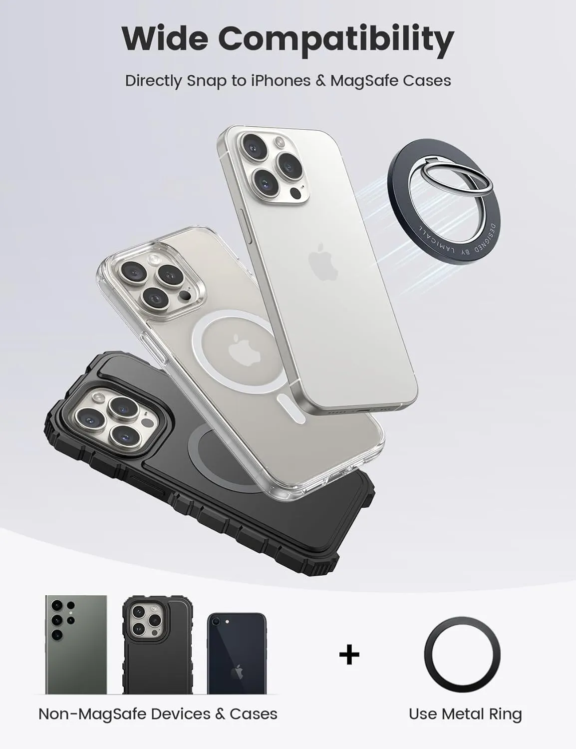 Lamicall Magnetic Phone Ring Holder for MagSafe, [Flexible 360 Rotation] Magnet Finger Ring Grip Stand Holder, Fit for iPhone 16 15 14 13 12, Pro, Pro Max, Plus, Mag Safe Accessories, Misty Black
