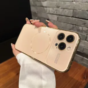 Large Glass Window for Case for iPhone 16 15 14 Pro Max 16Promax 16Pro Plating Magnectic Wireless Charging Cover,Gold,for iPhone 15 Pro Max