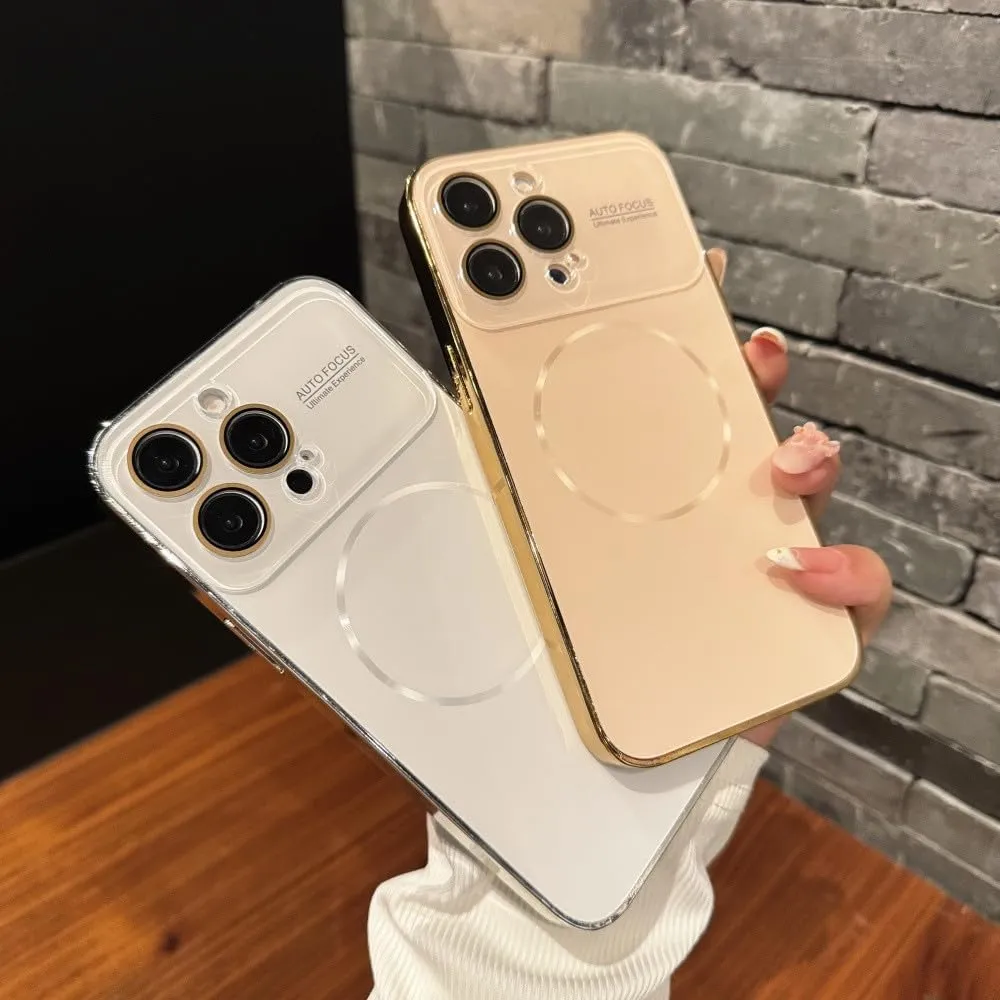 Large Glass Window for Case for iPhone 16 15 14 Pro Max 16Promax 16Pro Plating Magnectic Wireless Charging Cover,Gold,for iPhone 15 Pro Max