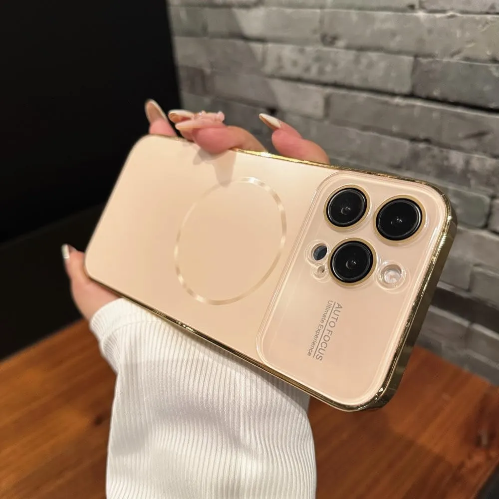 Large Glass Window for Case for iPhone 16 15 14 Pro Max 16Promax 16Pro Plating Magnectic Wireless Charging Cover,Gold,for iPhone 15 Pro Max