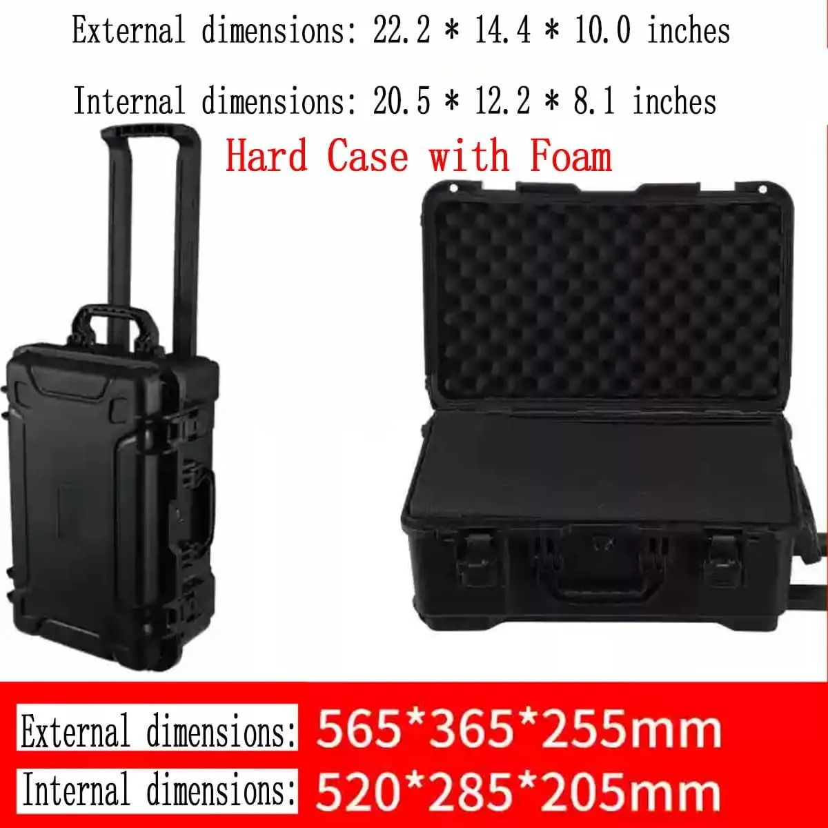 Large Hard Case with Foam, Portable Rolling Hard Case with Wheels, Waterproof Shockproof Dustproof, Suitable for Cameras, Lenses, Camcorder, Instrument, Telescopes (14" L x 10" W x 22" H)