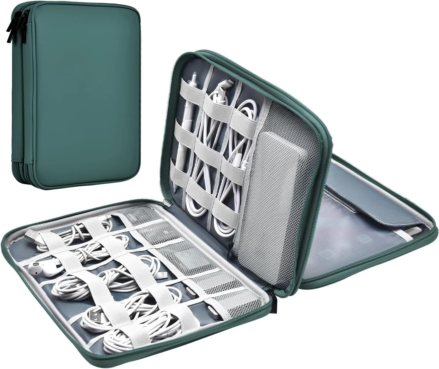 Leather Cord Organizer - Portable Tech Organizer Travel Case for Charger, Electronic Accessories - Waterproof, Double Layer - Large (Deep Green)