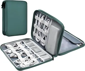 Leather Cord Organizer - Portable Tech Organizer Travel Case for Charger, Electronic Accessories - Waterproof, Double Layer - Large (Deep Green)