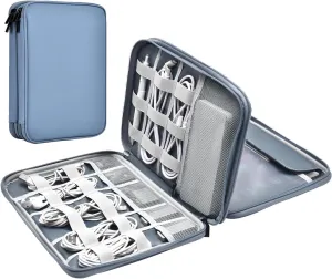 Leather Cord Organizer - Waterproof Tech Organizer Bag - Portable Travel Case for Charger & Electronic Accessories (Gray & Blue, Double Layer - Large)