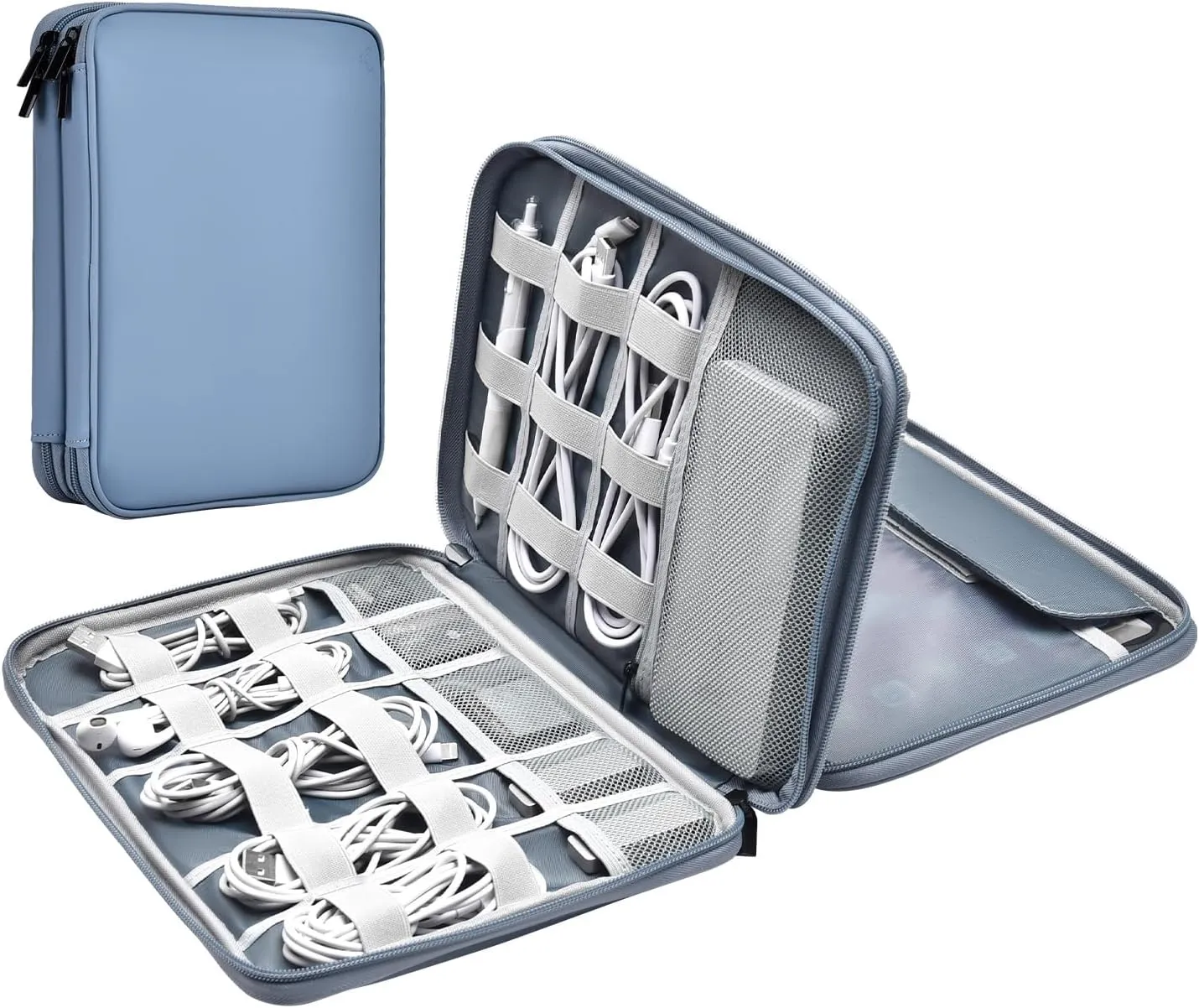 Leather Cord Organizer - Waterproof Tech Organizer Bag - Portable Travel Case for Charger & Electronic Accessories (Gray & Blue, Double Layer - Large)