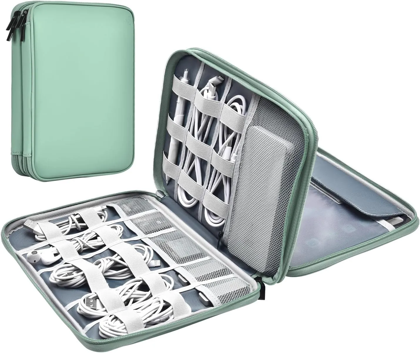 Leather Cord Organizer - Waterproof Tech Organizer Bag - Portable Travel Case for Charger & Electronic Accessories (Light Green, Double Layer-Large)