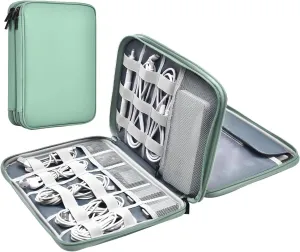 Leather Cord Organizer - Waterproof Tech Organizer Bag - Portable Travel Case for Charger & Electronic Accessories (Light Green, Double Layer-Large)