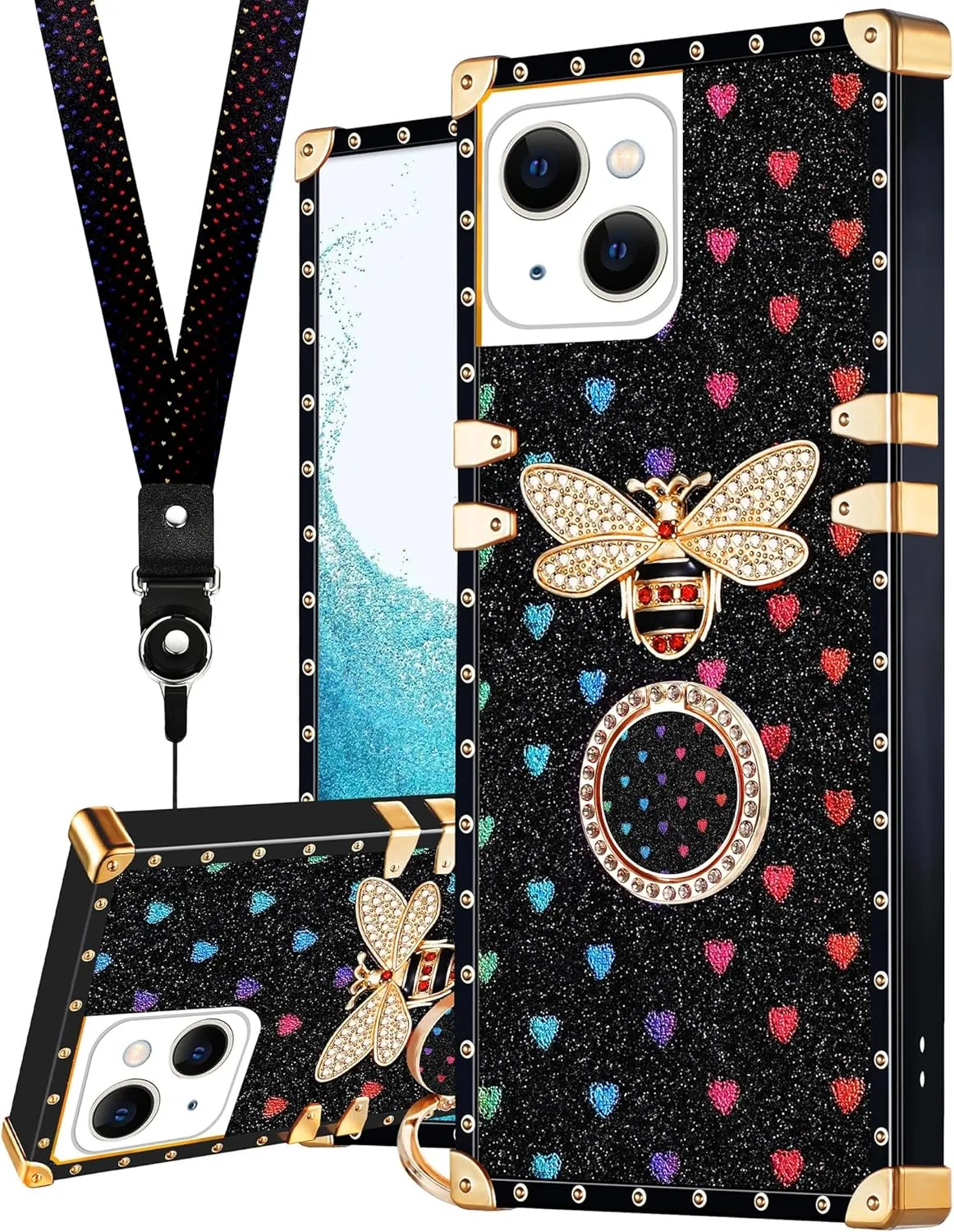 Loheckle for iPhone 13 Case, Designer Retro Luxury Cases for Women with Ring Stand Holder and Lanyard, Stylish Bee Cute Cover for iPhone 13 6.1 Inch
