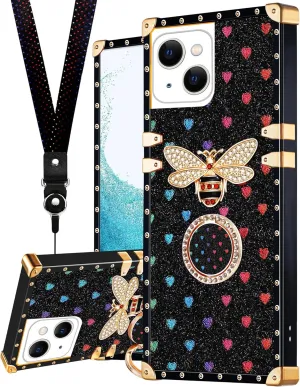Loheckle for iPhone 13 Case, Designer Retro Luxury Cases for Women with Ring Stand Holder and Lanyard, Stylish Bee Cute Cover for iPhone 13 6.1 Inch