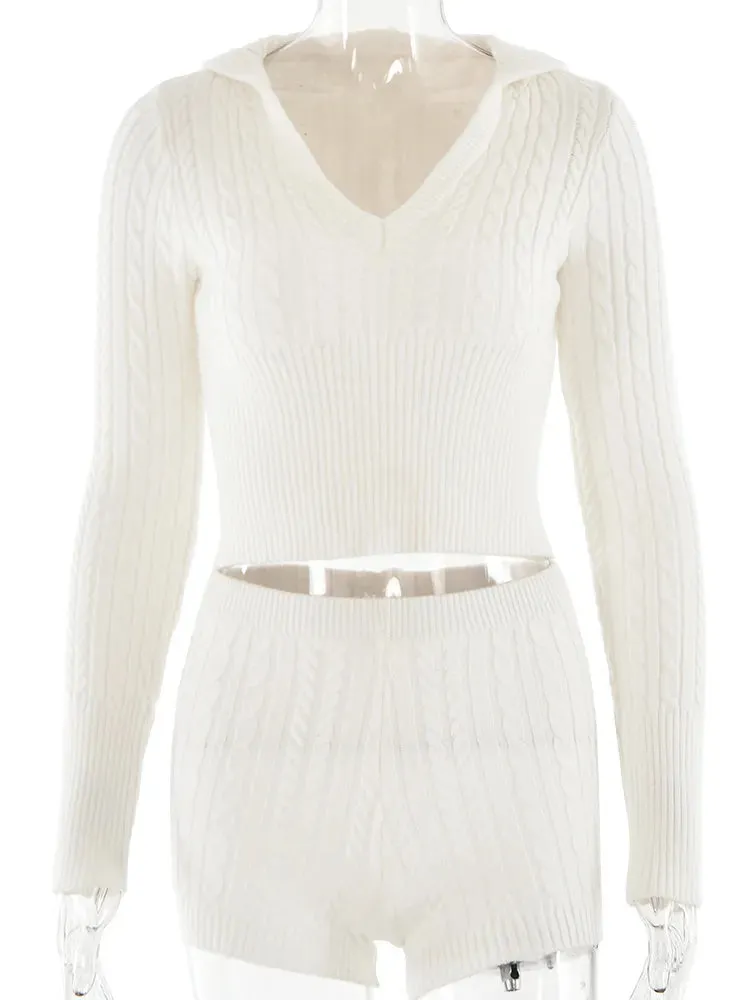 Long Sleeve Knitted V-Neck Hooded Sweater And Shorts Set