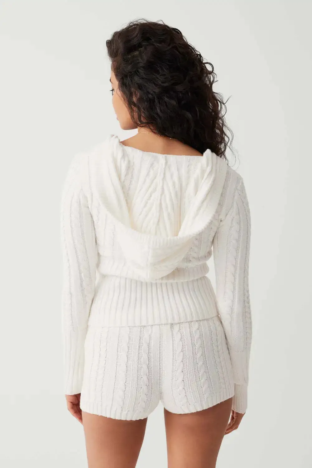 Long Sleeve Knitted V-Neck Hooded Sweater And Shorts Set