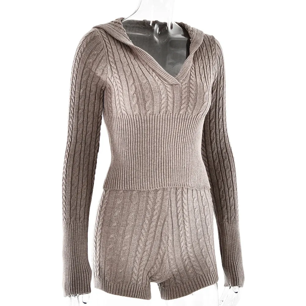 Long Sleeve Knitted V-Neck Hooded Sweater And Shorts Set