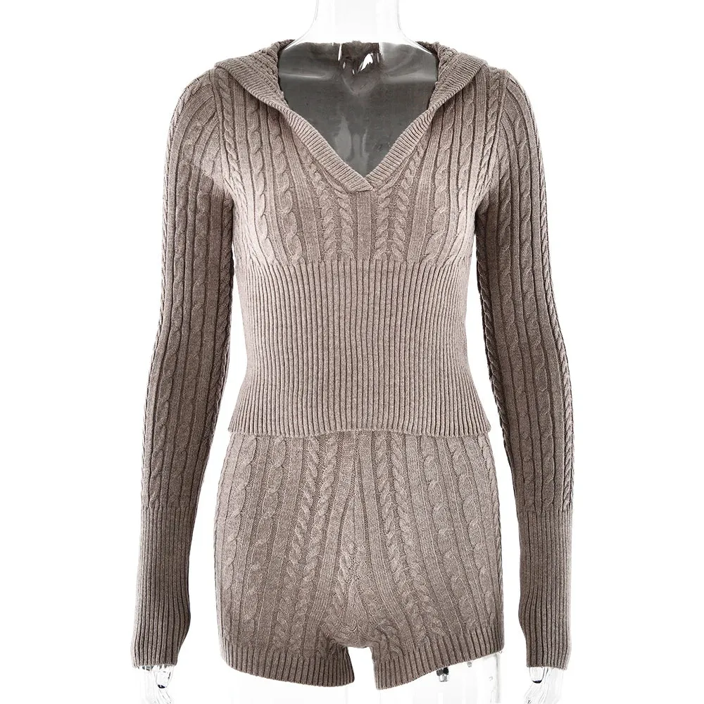 Long Sleeve Knitted V-Neck Hooded Sweater And Shorts Set