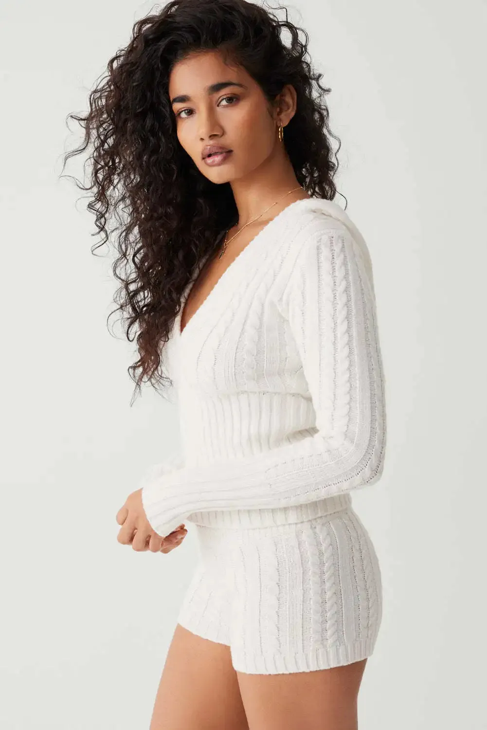 Long Sleeve Knitted V-Neck Hooded Sweater And Shorts Set