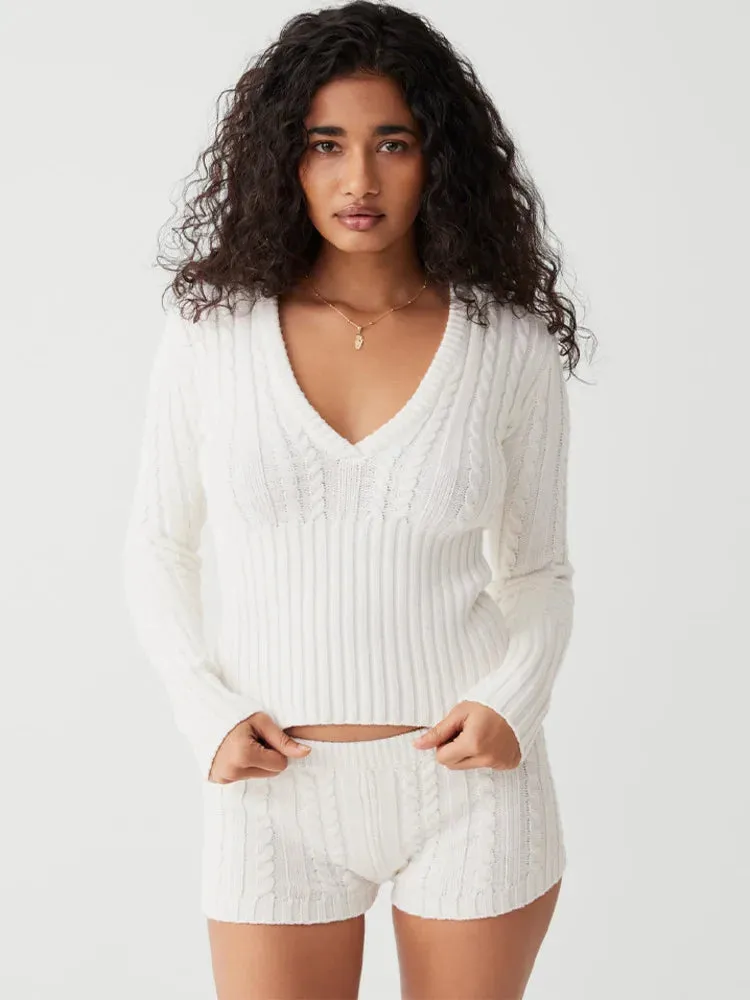 Long Sleeve Knitted V-Neck Hooded Sweater And Shorts Set