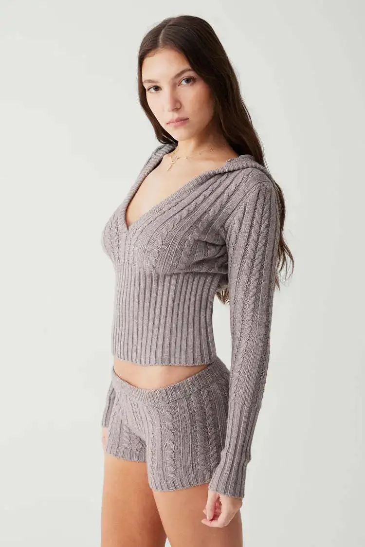 Long Sleeve Knitted V-Neck Hooded Sweater And Shorts Set