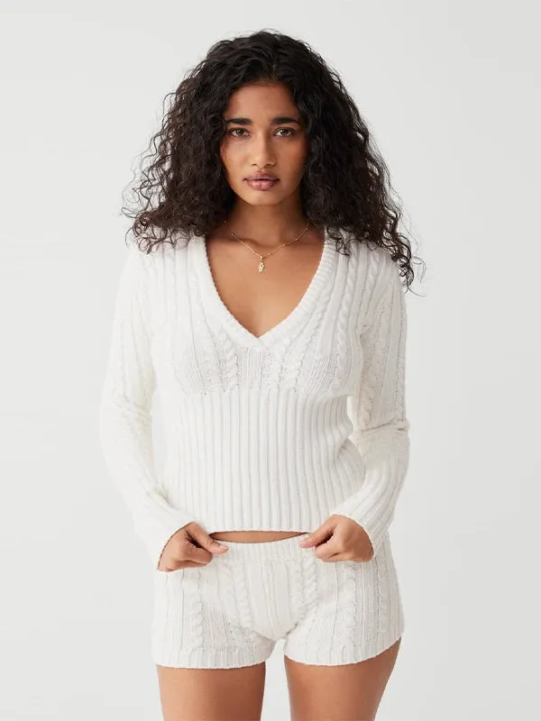 Long Sleeve Knitted V-Neck Hooded Sweater And Shorts Set