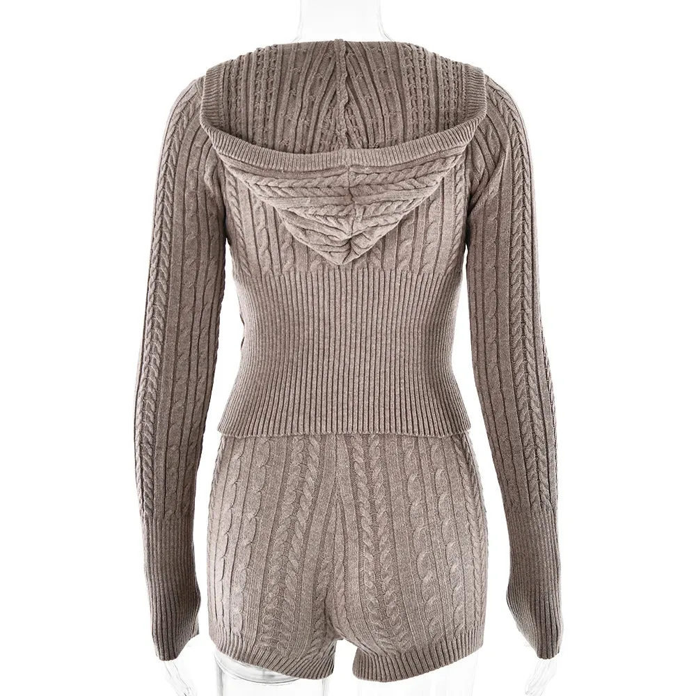 Long Sleeve Knitted V-Neck Hooded Sweater And Shorts Set