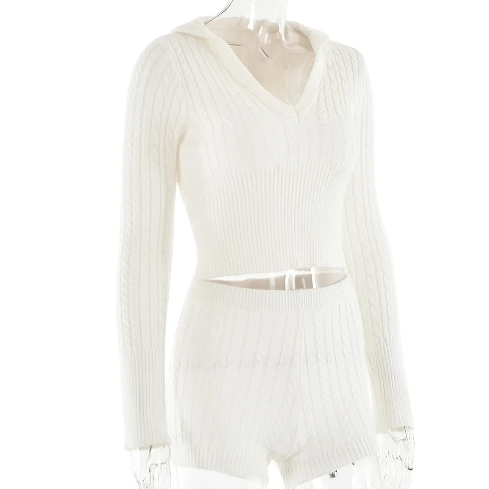 Long Sleeve Knitted V-Neck Hooded Sweater And Shorts Set