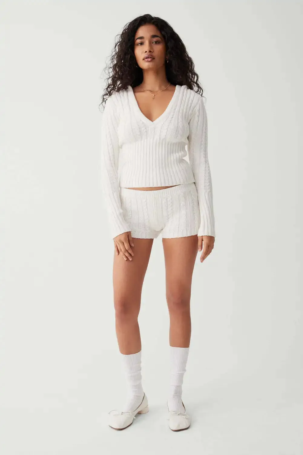 Long Sleeve Knitted V-Neck Hooded Sweater And Shorts Set