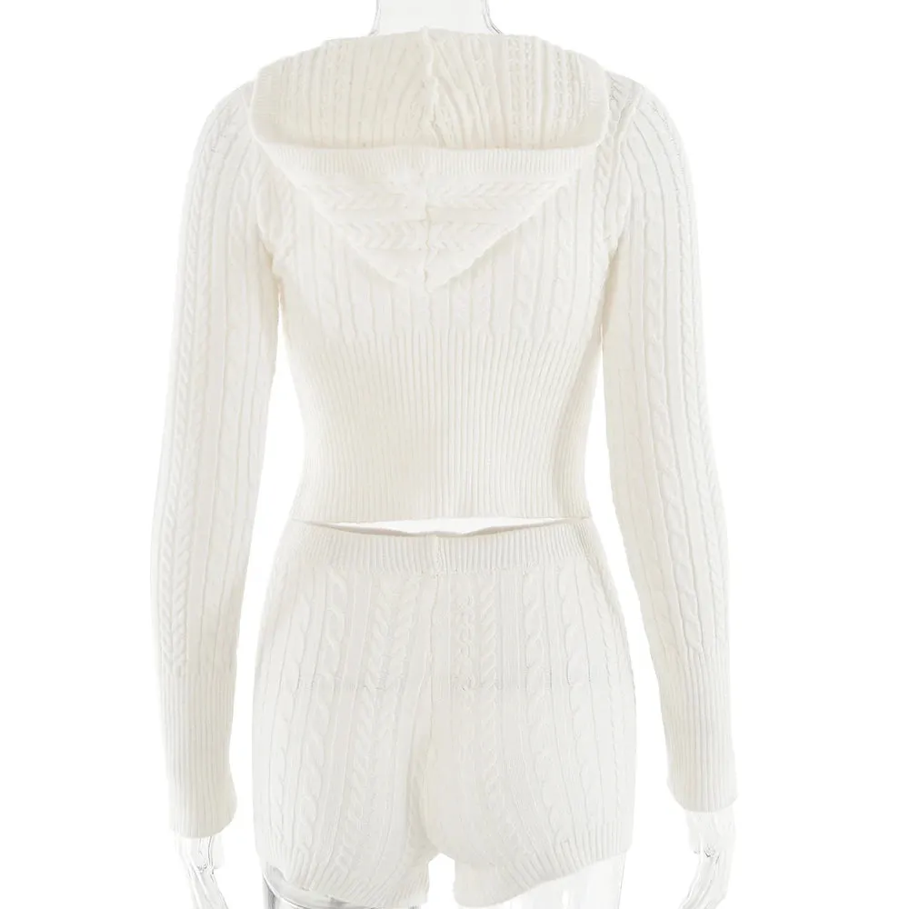 Long Sleeve Knitted V-Neck Hooded Sweater And Shorts Set