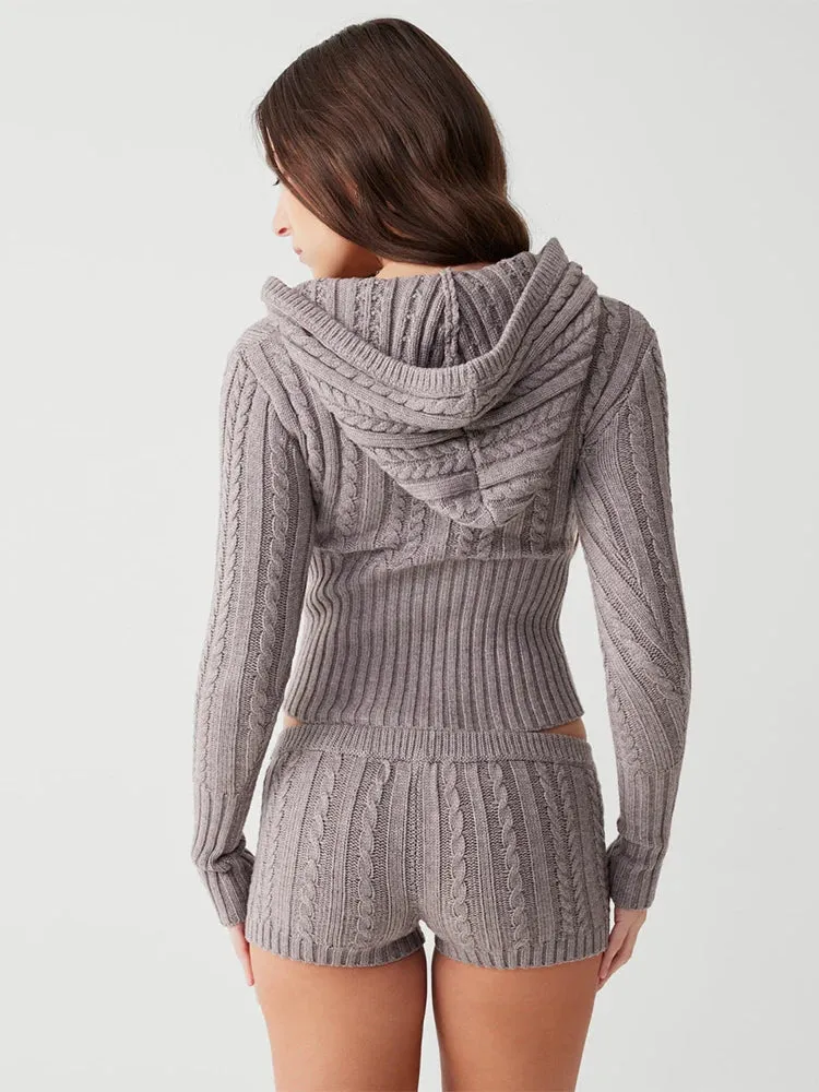 Long Sleeve Knitted V-Neck Hooded Sweater And Shorts Set