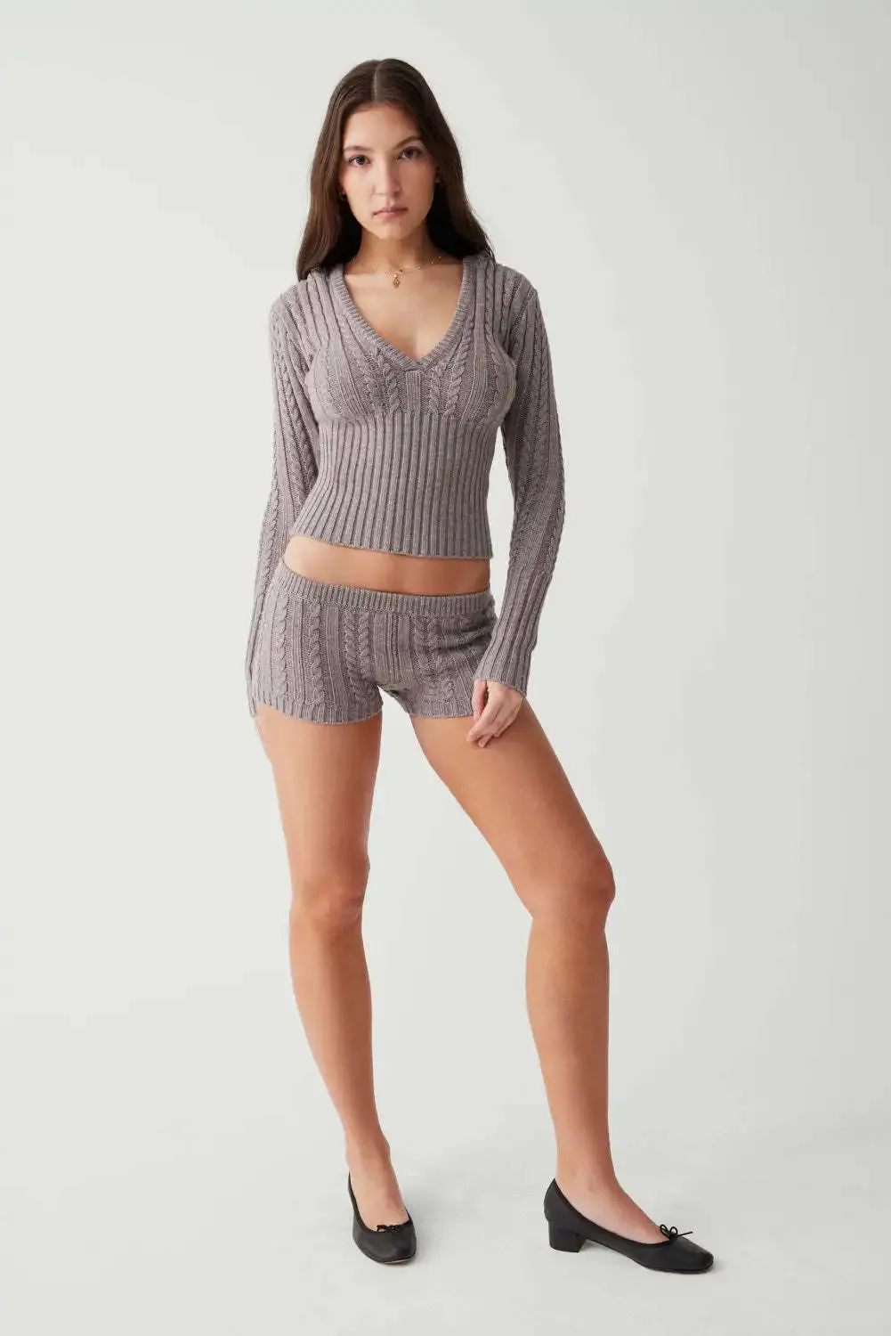 Long Sleeve Knitted V-Neck Hooded Sweater And Shorts Set