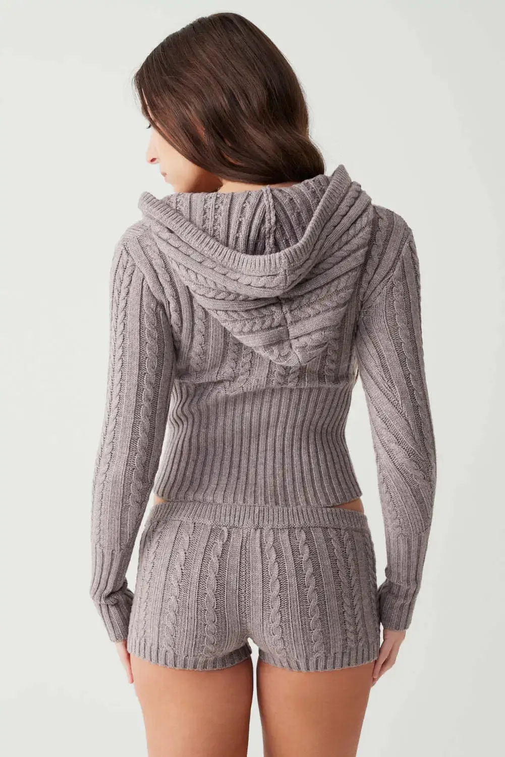 Long Sleeve Knitted V-Neck Hooded Sweater And Shorts Set