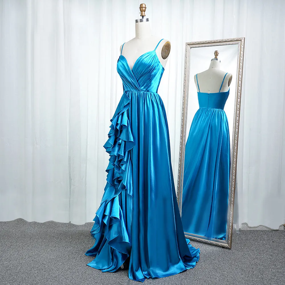 Luolandi A Line Spaghetti Straps Satin Prom Dresses With Slit And Flounced Sexy Evening Dresses