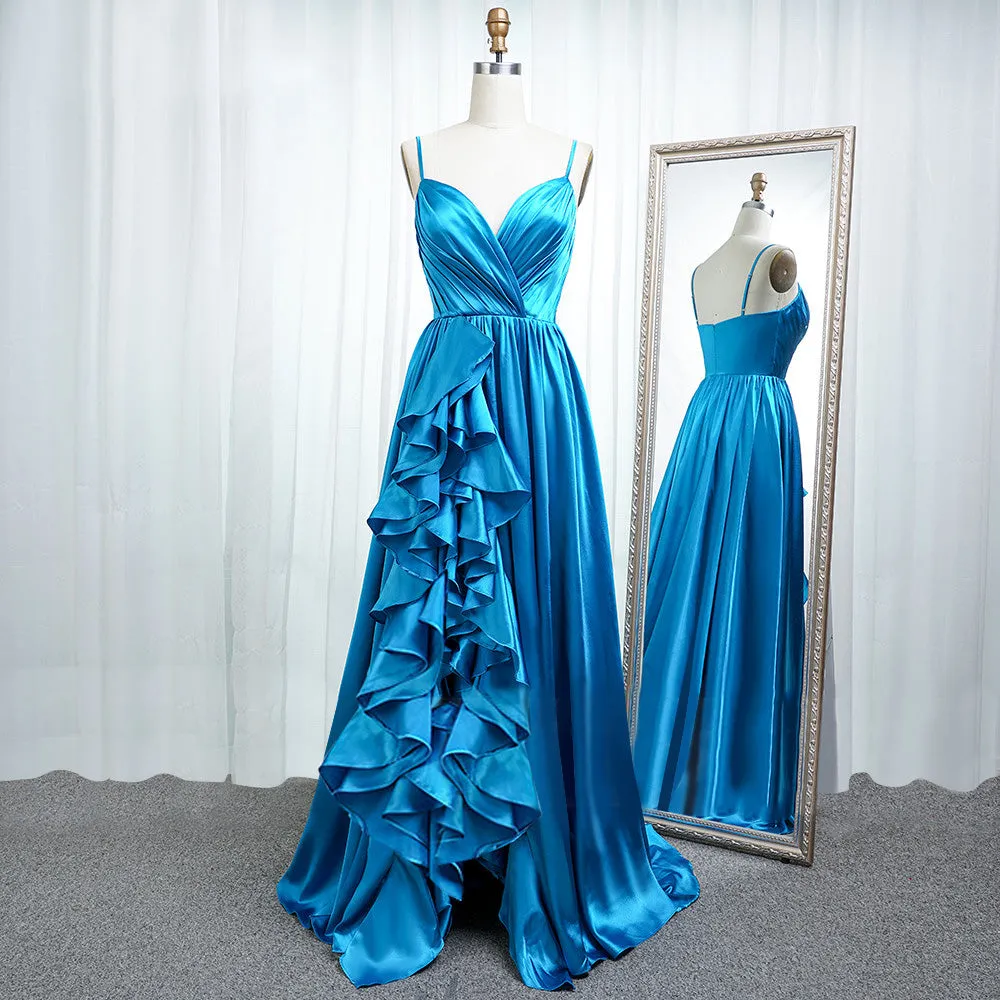 Luolandi A Line Spaghetti Straps Satin Prom Dresses With Slit And Flounced Sexy Evening Dresses