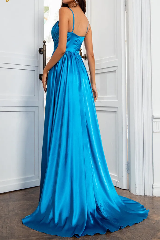 Luolandi A Line Spaghetti Straps Satin Prom Dresses With Slit And Flounced Sexy Evening Dresses