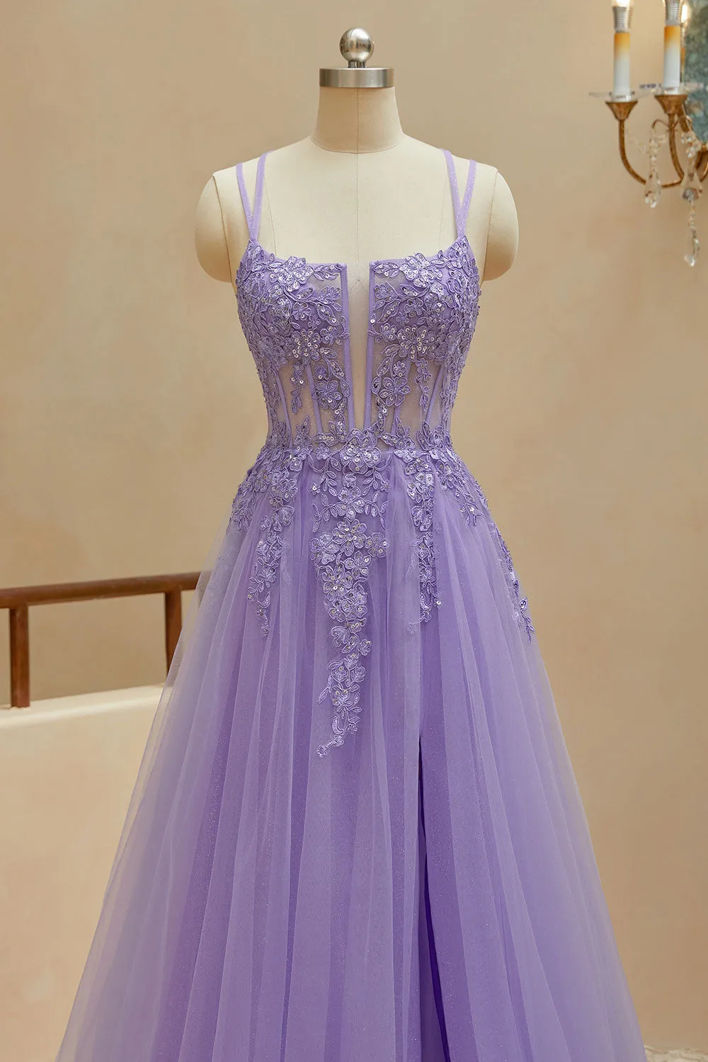 Luolandi A Line Spaghetti Straps Tulle Slit Long Prom Dresses With Appliques Beautiful With Slit