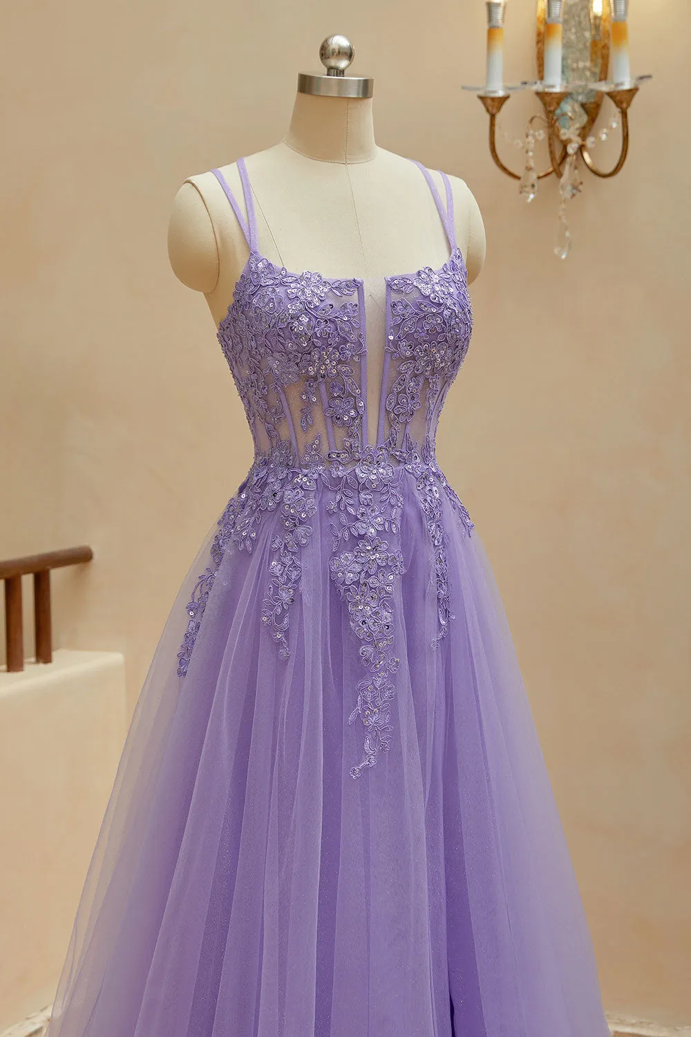 Luolandi A Line Spaghetti Straps Tulle Slit Long Prom Dresses With Appliques Beautiful With Slit