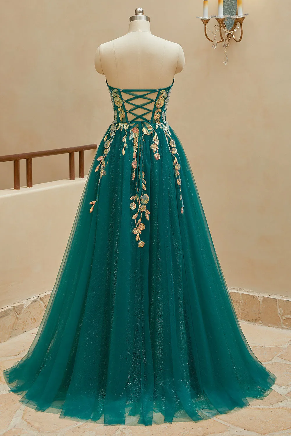 Luolandi A Line StraplessTulle Slit Prom Dresses with Appliques Off Shoulder With Slit