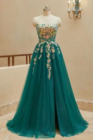Luolandi A Line StraplessTulle Slit Prom Dresses with Appliques Off Shoulder With Slit