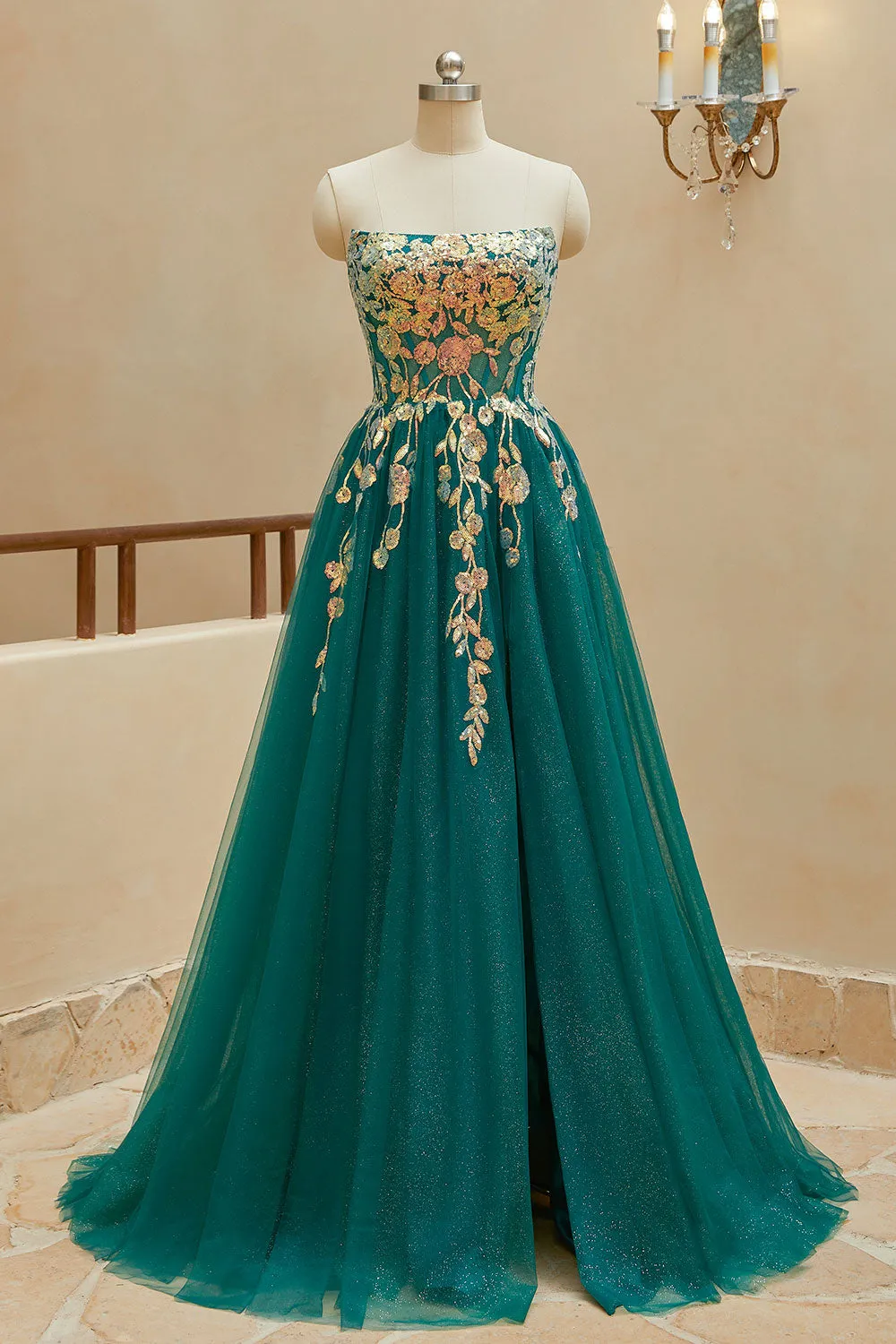 Luolandi A Line StraplessTulle Slit Prom Dresses with Appliques Off Shoulder With Slit