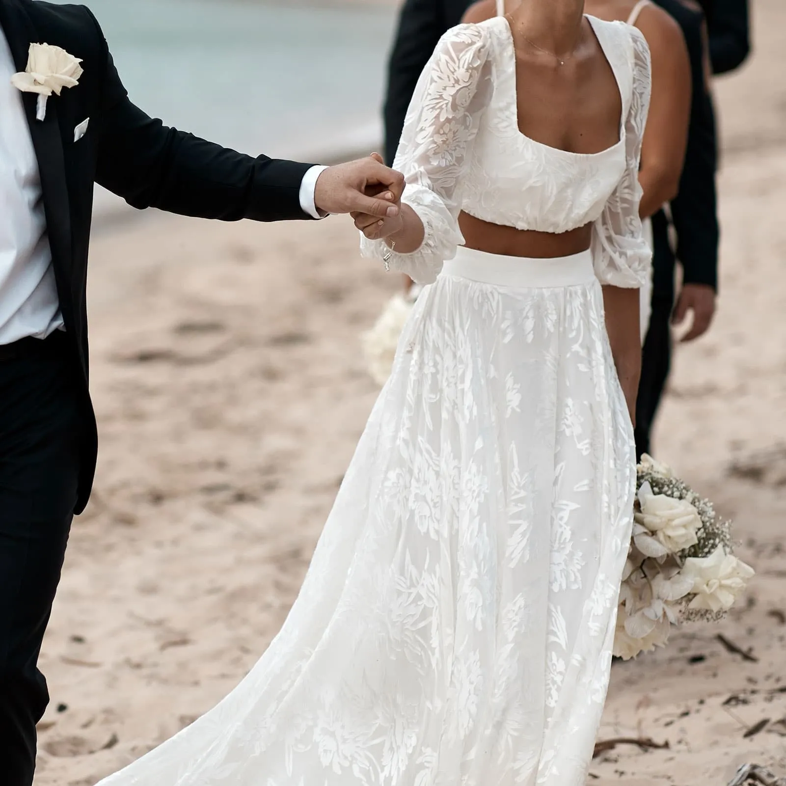Luolandi Lace Two Pieces Square Neck 3/4 Puffy Sleeve Beach Bohemian Wedding Dresses Sexy