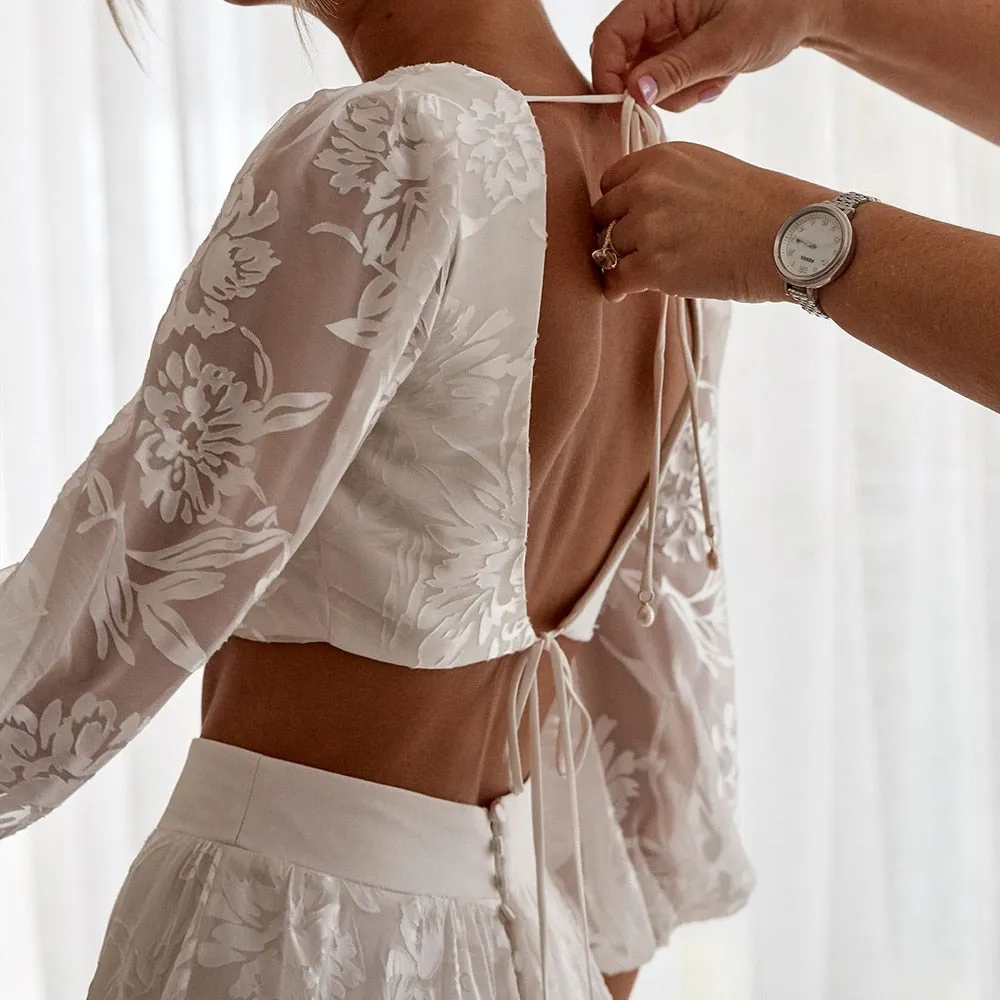 Luolandi Lace Two Pieces Square Neck 3/4 Puffy Sleeve Beach Bohemian Wedding Dresses Sexy